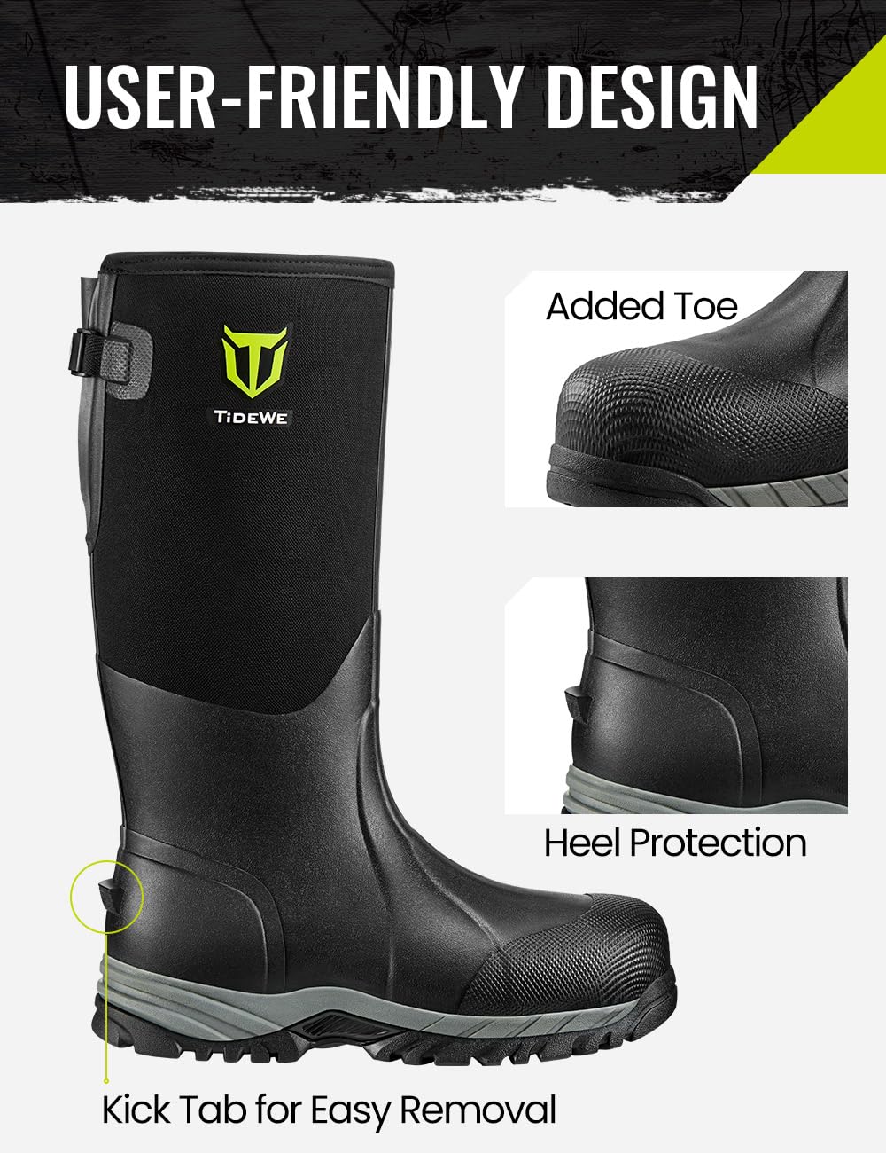 TIDEWE Work Boots Puncture-Proof with Steel Toe & Shank, Waterproof Anti Slip Rubber Boots for men, 6mm Neoprene Outdoor Boots, Durable Hunting Boots for Manufacturing, Construction, Farming(Black,Size 7-13)