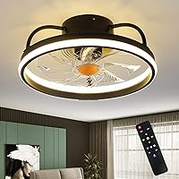Flush Mount Ceiling Fans with Lights and Remote Control，Modern Enclosed Bladeless,15'' Low Profile Ceiling Fan with Stepless Dimming Lighting Fixture for Bedroom Kitchen（Black）……