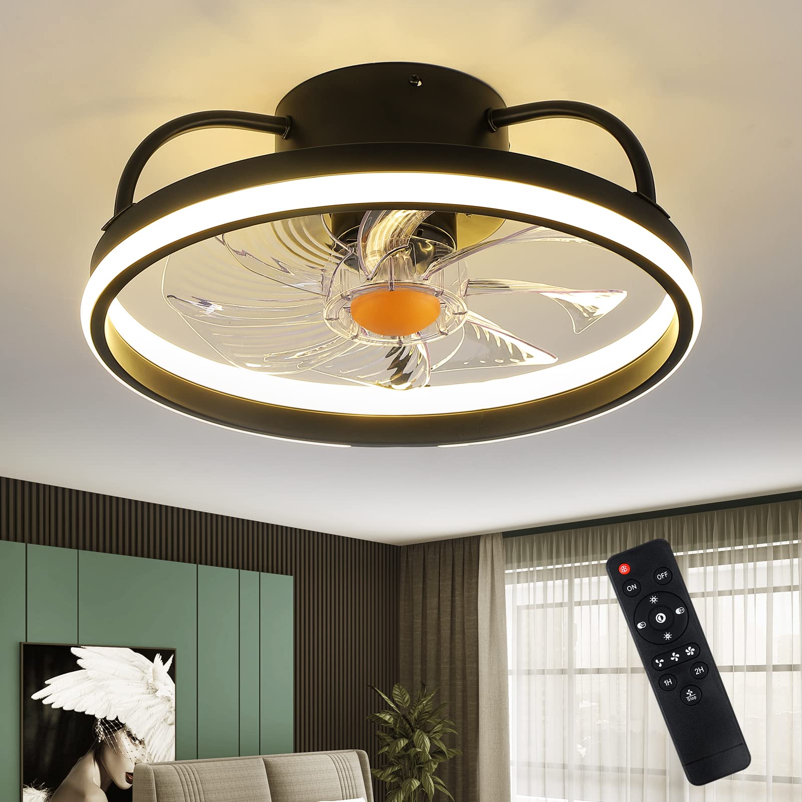 Mpayel Flush Mount Ceiling Fans with Lights and Remote Control，Modern Enclosed Bladeless,15'' Low Profile Ceiling Fan with Stepless Dimming Lighting Fixture for Bedroom Kitchen（Black）……