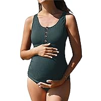 Summer Mae Women's Maternity Tummy Control Swimsuit Ribbed One Piece Bathing Suit Button Neck Swimwear