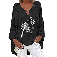 Womens Tshirts Floral Love Print Loose Fit Long Tops Tee for Women V Neck Linen Summer Fall Shirts 2024