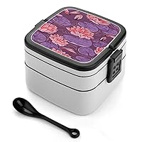 Lotus and Dragonfly Lunch Box with Handle Stackable 2 Layer Leak-Proof Bento Box Portable Food Containers for Unisex
