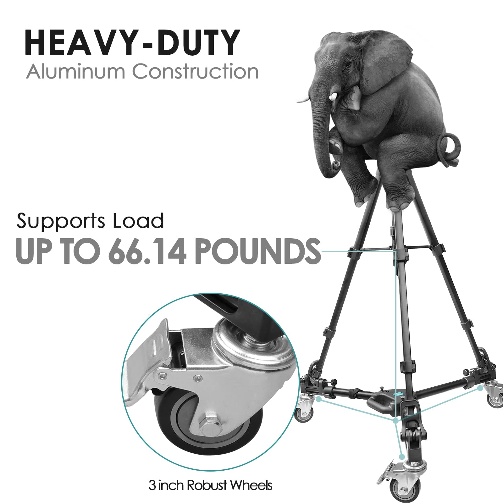 Heavy Duty Tripod Dolly, HTURS Professional Video Camera Dolly with Larger 3-inch Rubber Tripod Wheels, Adjustable Leg, Bag Compatible with Most DSLR Camera Tripods/Light Stand, Load Up to 66.14 LBS