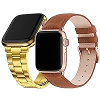 Fullmosa Compatible Stainless Steel No tools needed Apple Watch Band 41mm/40mm/38mm Gold with Case & Compatible Leather iWatch Band 41mm/40mm/38mm,Brown+Rose Gold