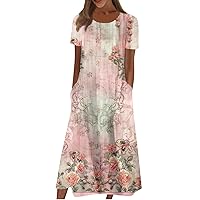 Women's Casual Dresses Printed Dresses Summer Dresses Printed Pleated Round Neck Midi Dresses Basic Classic