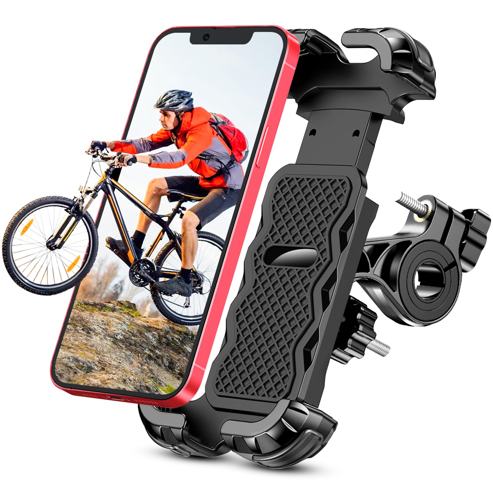iBytoc Motorcycle Phone Mount, Upgrade [Full Protection] [Security Lock] Bike Phone Mount 360° Rotatable, Phone Holder for Bicycle, Scooter, Handlebar, Widely Compatible with Cellphones (4.7-6.8”)
