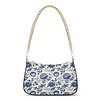 Shoulder Bags for Women Navy Blue Floral Hobo Tote Handbag Small Clutch Purse with Zipper Closure