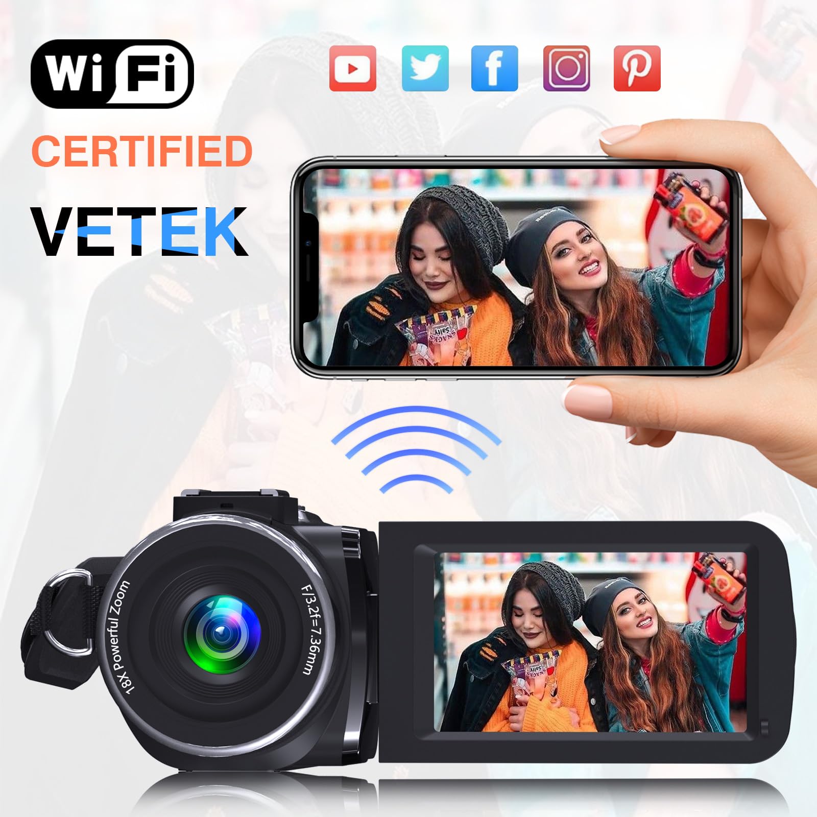 VETEK Video Camera 8k Camcorder 48MP UHD WiFi IR Night Vision Vlogging Camera for YouTube, 18X Digital Zoom 3.0“ LCD Screen Digital Camera with Microphone, 32G SD Card, Remote Control and 2 Batteries
