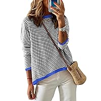 Dokotoo Womens 2024 Long Sleeve Tops Sweaters Casual Crewneck Striped Color Block Drop Shoulder Cotton Pullover Shirts