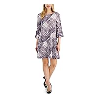 Connected Apparel Womens Purple Stretch Plaid Bell Sleeve Round Neck Short Wear to Work Fit + Flare Dress Petites 12P