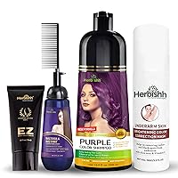 Herbishh Hair Color Shampoo for Gray Hair Purple 500 ML + Hair Color Cream for Gray Hair Coverage + Underarm Cream + Instant Hair Straightener Cream with Applicator Comb Brush