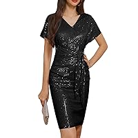 GRACE KARIN 2024 Women's V Neck Ruched Sequin Dress Short Sleeve Tie Midi Cocktail Party Bodycon Dresses
