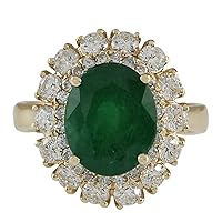 6.29 Carat Natural Green Emerald and Diamond (F-G Color, VS1-VS2 Clarity) 14K Yellow Gold Luxury Engagement Ring for Women Exclusively Handcrafted in USA