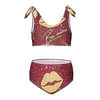 Red Glitter Golden Lips Be Mine Girls Swimsuits 2 Piece Swimwear Bikini Set Bathing Suit for Girl Kids 3T