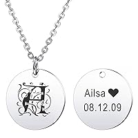 MeMeDIY Personalized Round Pendant Necklace Custom Engraving Monogram Initial Letter Name Date for Men Women Birthstone Stainless Steel Adjustable Chain Anniversary Love Relationship Gift