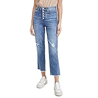 7 For All Mankind Women's Cropped Straight Leg Jeans, Aquarius Blue Destroy, 26