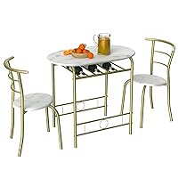 3 Piece Small Round Dining Table Set for Kitchen Breakfast Nook, Wood Grain Tabletop with Wine Storage Rack, Save Space, 31.5
