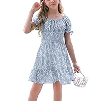 Goranbon Girls' Summer Floral Dress Kids 2024 Puff Sleeve Square Neck Smocked Flowy Sun Dresses