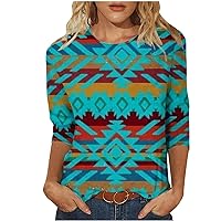 Womens Western Print Shirts 3/4 Sleeve Crewneck Pullover Tops Classic Aztec Ethnic Graphic Casual Loose Fit Blouse