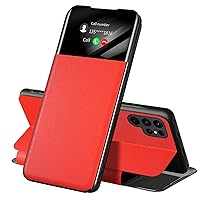 Leather Case for Samsung Galaxy S24 Ultra/S24 Plus/S24 Clear View Flip Cover Smart Wake-Up Folio Wallet Business Phone Case (Red,S24 Ultra)