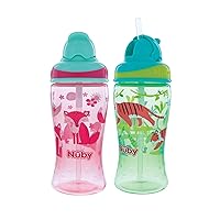 Nuby 2-Pack Thirsty Kids No-Spill Flip-it Printed Boost Cup with Thin Soft Straw - 12oz, 18+ Months, 2-Pack, Pink Fox & Green Tiger