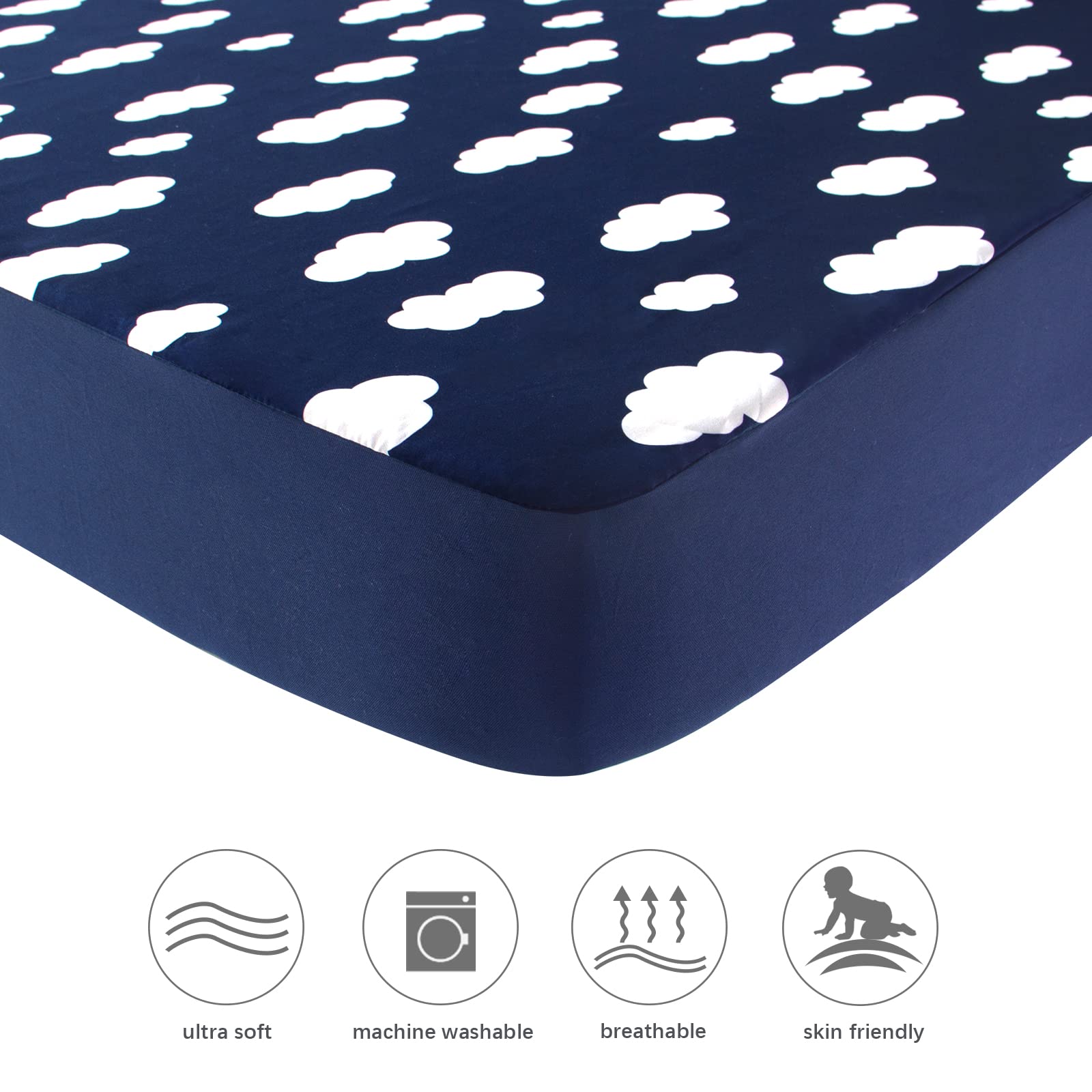 Square Playard/Playpen Fitted Sheets, Perfect for New Room2 / TotBloc Portable Playard, 2 Pack, Ultra Soft Microfiber, Fitted Playpen Sheet, Navy Cloud and Grey Arrow
