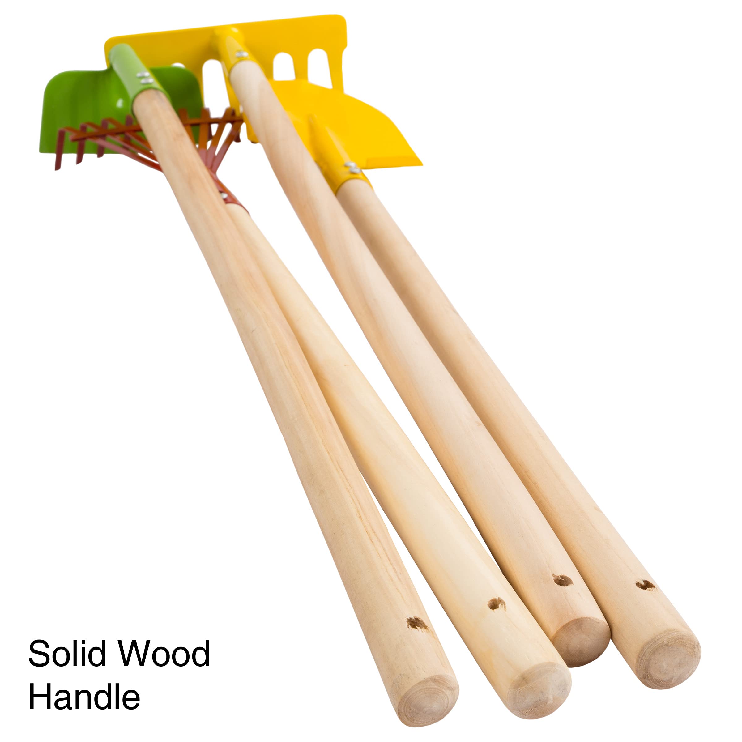 Hey! Play! Kid’s Garden Tool Set with Child Safe Shovel, Rake, Hoe and Leaf Rake– 4 Piece Gardening Kit with Long Wood Handles for Boys and Girls