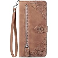 Zipper Wallet Case for iPhone 13 Pro Max, Embossed PU Leather Flip Case with Card Holder Kickstand Magnetic Folio Shockproof TPU Interior Phone Cover 6.7 inch,Purple (Color : Brown)