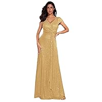 meilun Short Sleeve Sequin Dress for Women Formal Gowns Sparkly V Neck Maxi Dress