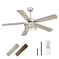 TENGXIN 52 Inch Farmhouse Ceiling Fan - Industrial Ceiling Fans with Light and Remote Control,Brushed Nickel Ceiling Fan with 5 Reversible Blades,TXCF-BN001