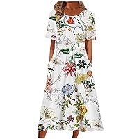 Womens Summer Dress Floral Print Short Sleeve T Shirt Dress with Pockets High Waist Casual Loose Swing Beach Midi Dress