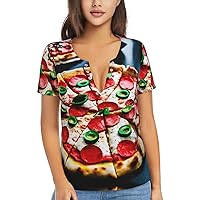 Pizza 3D Women's Flowy Tops,Stylish V Neck T-Shirts for Women, Plus Size Short Sleeve Tops Women's T-Shirts Embodying Fashion