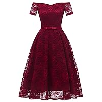 Women's Vintage Lace Short Sleeves Bridesmaid Cocktail Party Prom Short Dresses