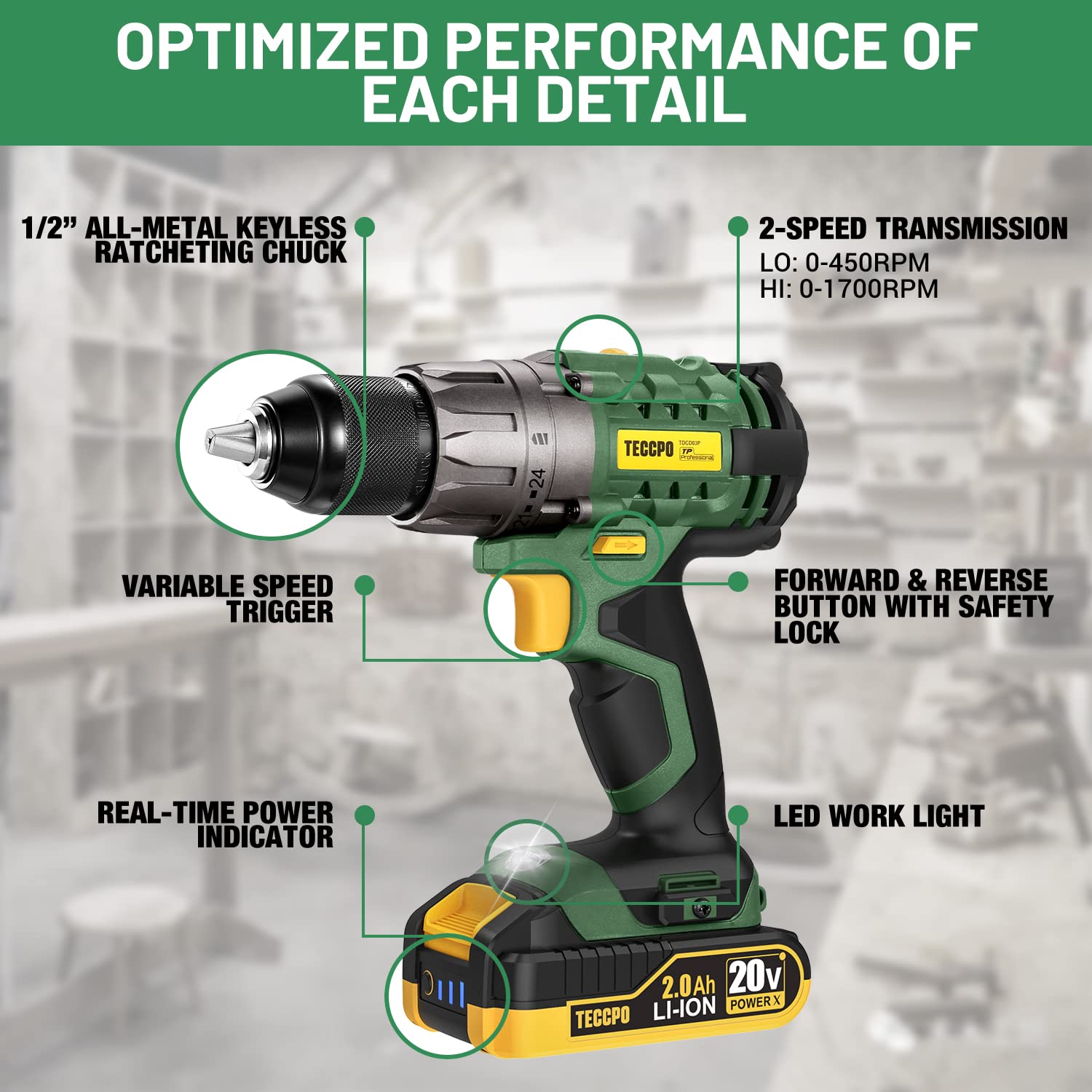 TECCPO Power Drill, Cordless Drill with Battery and Charger(2000mAh), 530 In-lbs, 24+1 Torque Setting, 0-1700RPM Variable Speed, 33pcs Accessories Drill Set, Drill with 1/2