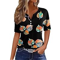 T Shirts for Women,Short Sleeve Tops for Women Loose V Neck Button Boho Tops for Women Going Out Tops for Women