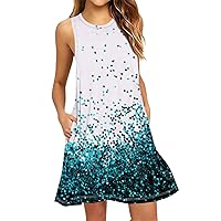 Beach Dress for Women Summer Dresses for Women 2024 Floral Print Vintage Fashion Casual Loose Fit with Sleeveless Scoop Neck Dress Cyan XX-Large