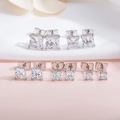 GEMSME 18K Gold Plated Princess Cut Clear Cubic Zirconia Stud Earrings Pack of 5 (white gold)