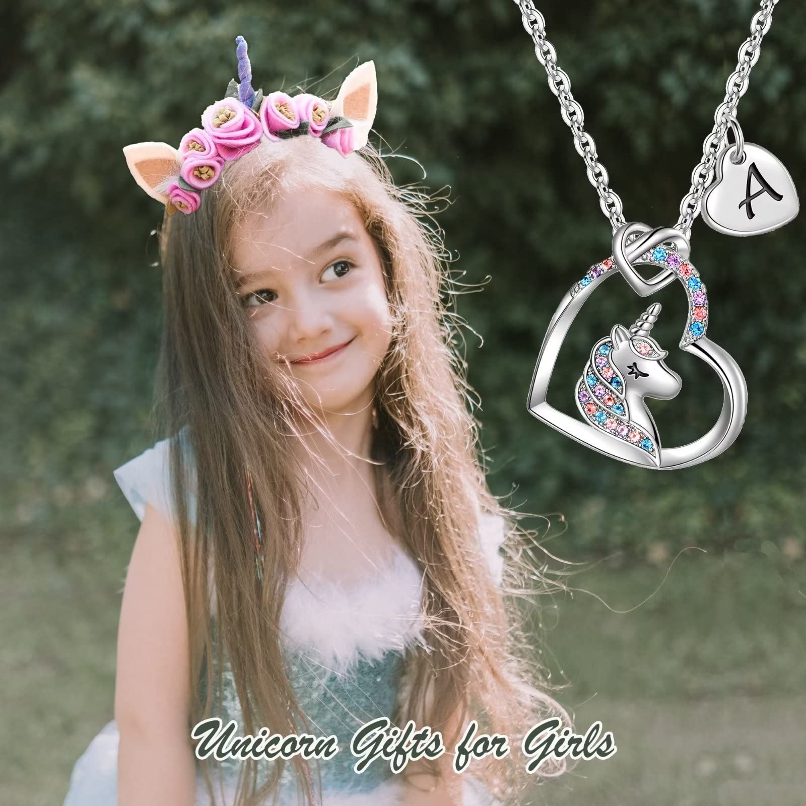 Unicorns Gifts for Girls Necklace, 14K Gold/White Gold/Rose Gold Plated Colorful CZ Heart Pendant Unicorn Necklace for Girls Women Initial Letter Unicorn Necklaces Unicorns Gifts for Girls Jewelry