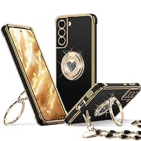 for Galaxy S21 Case with Stand, Samsung S21 Case with Double Ring, Women Girls Bling Luxury Protective Phone Case Heart for Samsung Galaxy S21, Black