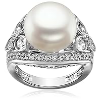 Amazon Collection Platinum-Plated Sterling Silver Infinite Elements Cubic Zirconia Vintage Freshwater Cultured Pearl Cocktail Ring