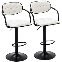 Bar Stools Set of 2, Adjustable Counter Height Barstools with Back and Arm, Swivel Bar Chairs/PU Leather Kitchen Island Stools for Pub/Dining Room/Living Room, White