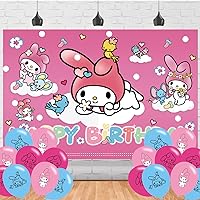 My Melody Birthday Party Backdrop, My Melody Birthday Party Decoration,Pink Melody Style Themed Happy Birthday Banner Shoot Photo Backgrounds Props for Boys and Girls Party 5x3ft