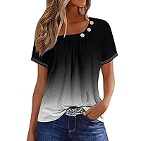 Womens Casual Shirt Sparkly Tops for Women Summer Gradient Color Fashion Casual Loose Fit with Short Sleeve Round Neck Button Blouses Black Small