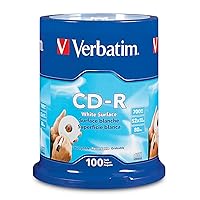 Verbatim CD-R Blank Discs 700MB 80 Minutes 52x Recordable Disc for Data and Music with Blank White Surface - 100 Pack Spindle
