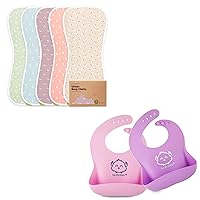 KeaBabies 5-Pack Organic Burp Cloths for Baby Boys and Girls and 2-Pack Silicone Bibs for Babies - Ultra Absorbent Burping Cloth - Waterproof Bibs, Silicone Bibs with Food Catcher - Burp Clothes