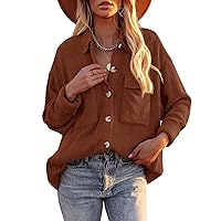 Womens Corduroy Button Down Shirts Oversized Blouses Tops with Pockets Tops Retro Casual Cardigan Long Sleeve