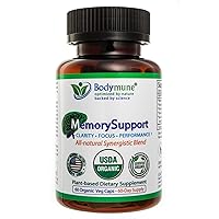 Memory Support All-Natural USDA Organic Memory Supplement for Occasional Memory Loss, Mental Fatigue & Exhaustion - Extracts of Ginkgo Biloba Brahmi Ashwagandha Chlorella Noni, 60-Day Supply