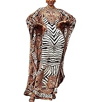 Flygo Women's Fashion Comfy Batwing Long Sleeve Printed Oversized Casual Maxi Dress Loungewear Brown Printed Stripe L-3XL