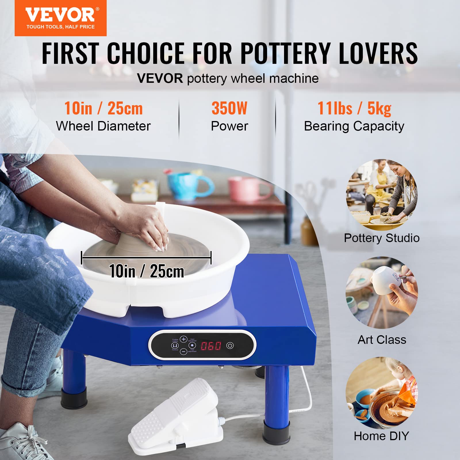 VEVOR Ceramic Wheel Forming Machine Foot Pedal ABS Detachable Basin, Sculpting Tool Apron Accessory Kit for Work Art Craft DIY, Blue