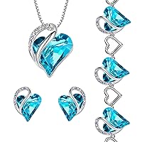 Leafael Infinity Love Heart Necklace, Stud Earrings, and Bracelet for Women, December Birthstone Crystal Jewelry, Silver Tone Gifts for Women, Turquoise Aquamarine Blue